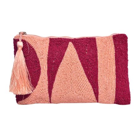Peach and Red Beaded Women's Clutch Or Purse With Tassel